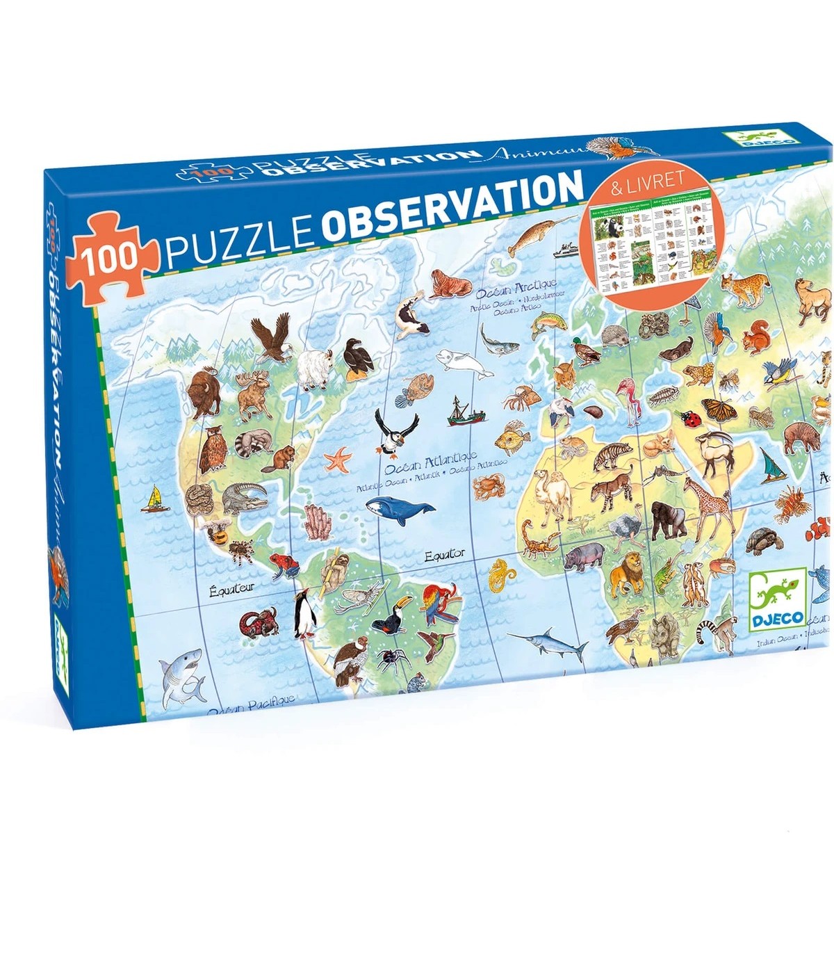 Puzzle de observación 100 pzs. Mapamundi de los animales-Djeco